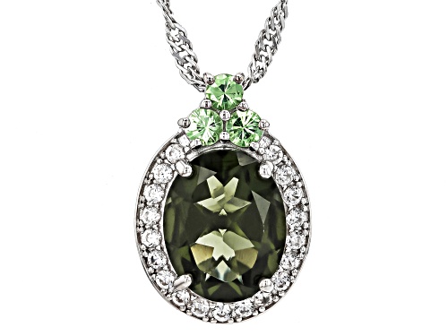 1.68ct Oval Moldavite, .20ctw Mint Tsavorite With .23ctw Zircon Rhodium Over Silver Pendant/Chain