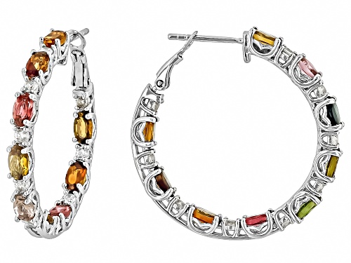 3.37ctw Multicolor Tourmaline With 0.54ctw White Zircon Rhodium Over Sterling Silver Hoop Earrings