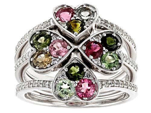 1.02ctw Round Multicolor Tourmaline With .15ctw Zircon Rhodium Over Silver Stackable Ring Set - Size 7