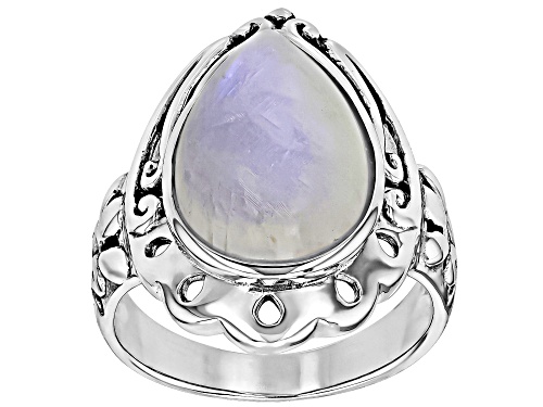 16x11mm Pear Shape Cabochon Rainbow Moonstone Sterling Silver Solitaire Ring - Size 7