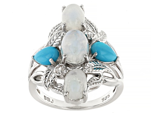 Rainbow Moonstone, Sleeping Beauty Turquoise With .09ctw Zircon Rhodium Over Silver Ring - Size 6