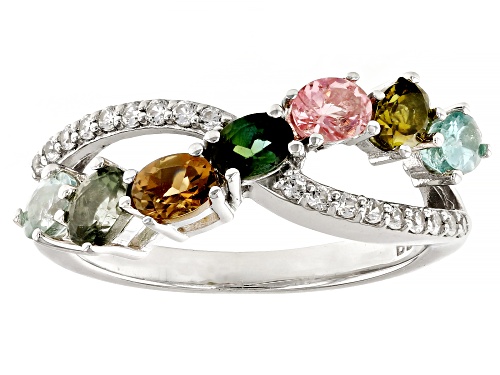 1.08ctw Oval Multi-Tourmaline With 0.14ctw White Zircon Rhodium Over Sterling Silver Crossover Ring - Size 8
