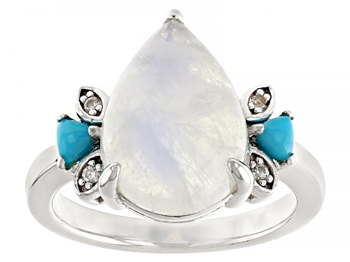 Rainbow Moonstone, Sleeping Beauty Turquoise With .05ctw White Zircon Rhodium Over Silver Ring - Size 8