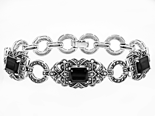 12.60ctw Rectangular Octagonal Black Spinel With Round Marcasite Sterling Silver Toggle Bracelet - Size 8