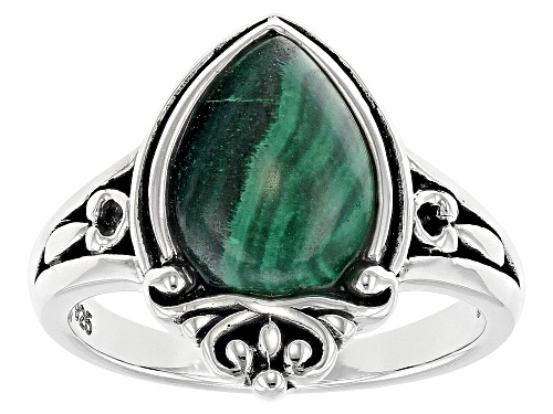 12x8mm Pear Shape Cabochon Malachite Sterling Silver Solitaire Ring - Size 7