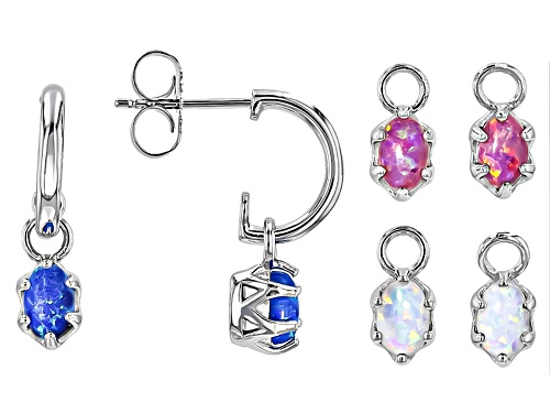 6x4mm Oval Lab Blue, Lab Pink, Lab White Opal Rhodium Over Silver Interchangeable Earrings