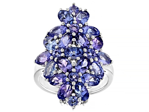 3.85ctw Oval And 0.33ctw Round Tanzanite Rhodium Over Sterling Silver Ring - Size 6