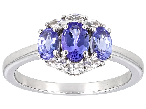 0.75ctw Oval Tanzanite With 0.23ctw Marquise White Zircon Rhodium Over Sterling Silver Ring - Size 8