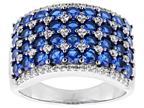 2.17ctw Round Lab Blue Spinel With 0.47ctw White Zircon Rhodium Over Sterling Silver Band Ring - Size 6