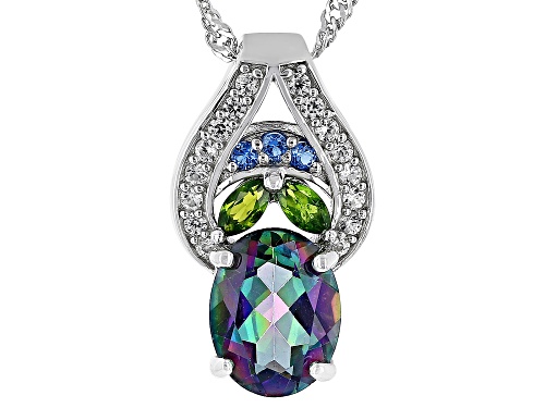 1.91ct Mystic Fire® Topaz, .18ctw Multi Gem And .19ctw Zircon Rhodium Over Silver Pendant Chain