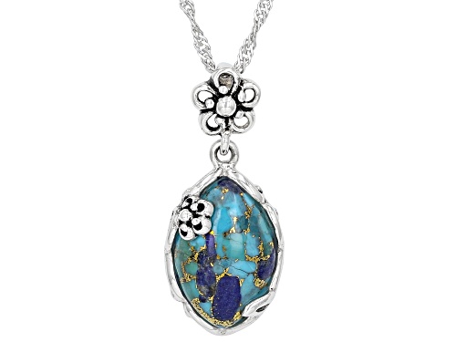 15x10mm Marquise Cabochon Turquoise and Lapis Lazuli Silver Solitaire Pendant With Chain