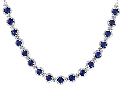 6mm Round Cabochon Lapis Lazuli Rhodium Over Sterling Silver Necklace - Size 18