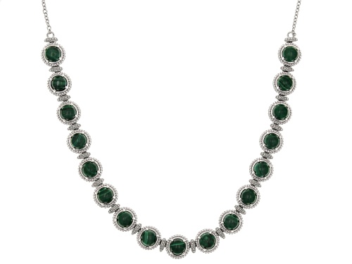 6mm Round Cabochon Malachite Rhodium Over Sterling Silver Tennis Necklace - Size 18
