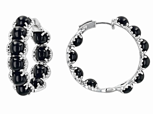 6mm Round Cabochon Black Onyx Rhodium Over Sterling Silver Hoop Earrings