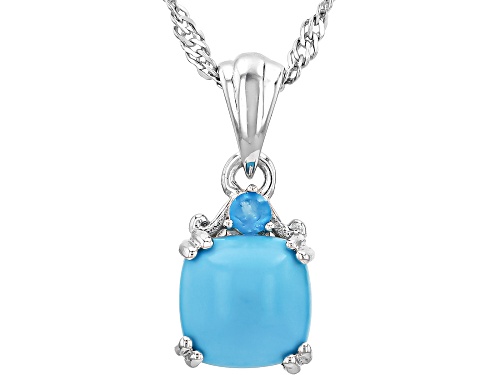 8mm Cushion Sleeping Beauty Turquoise With 0.04ct Neon Apatite Rhodium Over Silver Pendant Chain