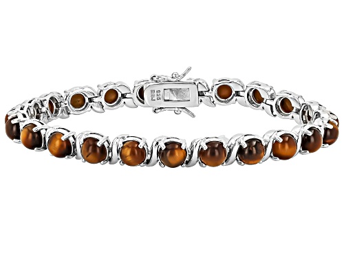 6mm Round Cabochon Tigers Eye Rhodium Over Sterling Silver Bracelet - Size 8