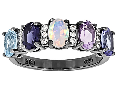 1.63ctw Oval Multi-Gem With 0.14ctw White Zircon Black Rhodium Over Sterling Silver Ring - Size 6