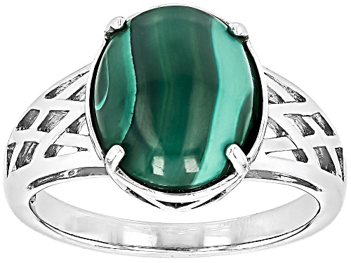 12x10mm Oval Cabochon Malachite Rhodium Over Sterling Silver Solitaire Ring - Size 8