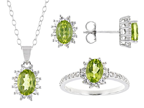 3.38ctw Manchurian Peridot™, White Zircon Rhodium Over Sterling Silver Ring, Earring & Pendant/Chain