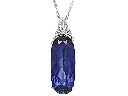 27.20ct Oval Lab Created Sapphire Rhodium Over Sterling Silver Solitaire Pendant With Chain