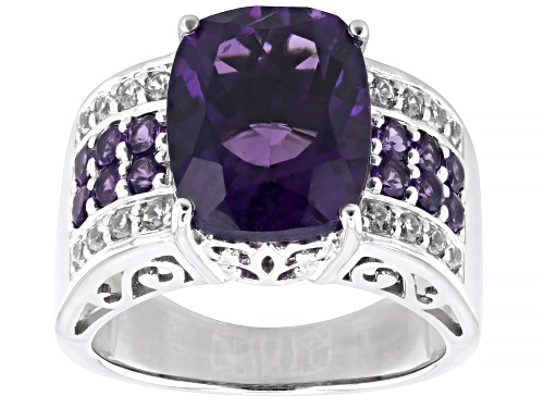 4.60ctw Cushion & Round Amethyst With .27ctw White Zircon Rhodium Over Sterling Silver Ring - Size 10