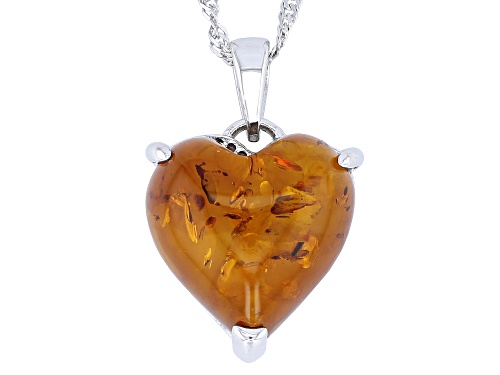 15mm Heart Shape Amber Rhodium Over Sterling Silver Heart Pendant With Chain