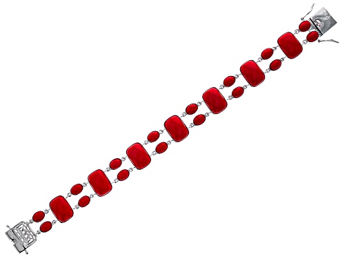 14x10mm Cushion And 7x5mm Oval Cabochon Red Coral Rhodium Over Sterling Silver Bracelet - Size 8