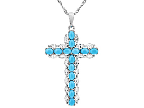 4x3mm Sleeping Beauty Turquoise With 1.36ctw White Topaz Rhodium Over Silver Cross Pendant/Chain