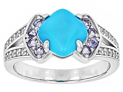 8mm Sleeping Beauty Turquoise, 0.42ctw Tanzanite With White Zircon Rhodium Over Silver Ring - Size 9