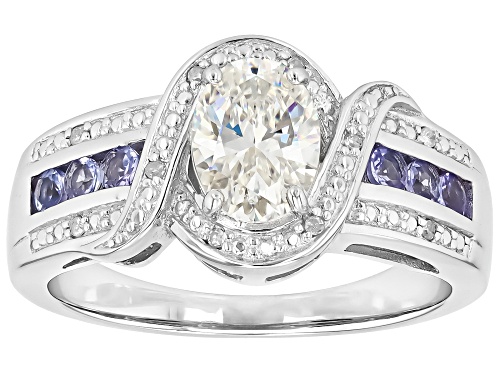 .95ct Lab Strontium Titanate, .22ctw Tanzanite With.03ctw Diamond Accent Rhodium Over Silver Ring - Size 9