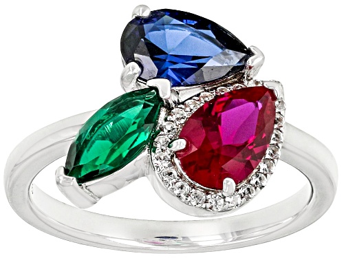 2.02ctw Lab Blue, Lab White Sapphire, Lab Ruby, with Lab Emerald Rhodium Over Silver Ring - Size 8