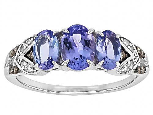 1.42ctw Tanzanite with 0.06ctw White Zircon & 0.04ctw Champagne Diamond Rhodium Over Silver Ring - Size 9