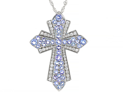 1.77ctw Round Tanzanite With .67ctw Zircon Rhodium Over Silver Cross Pendant With Chain