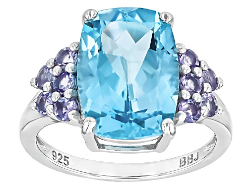 6.80ct Glacier Topaz™ With 0.63ctw Tanzanite Rhodium Over Sterling Silver Ring - Size 7
