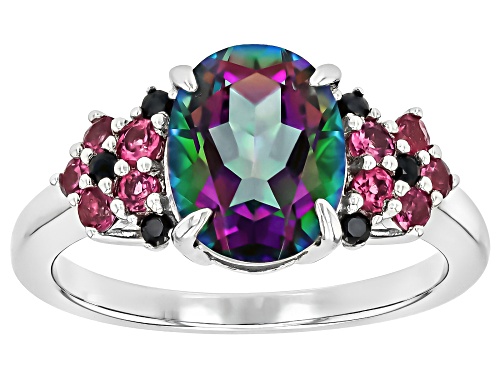 1.96ct Multi-Color Quartz with 0.41ctw Rhodolite & 0.01ctw Black Spinel Rhodium Over Silver Ring - Size 10