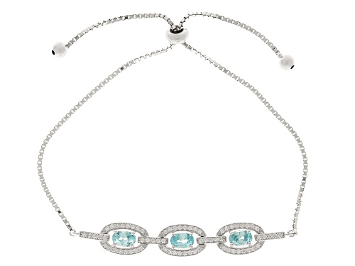 1.86ctw Oval Blue Zircon With 0.52ctw Round White Zircon Rhodium Over Sterling Silver Bolo Bracelet