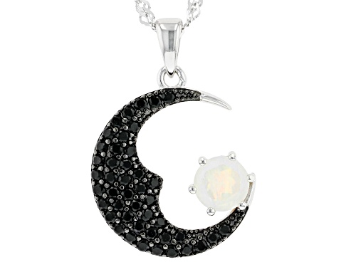 .64ct Round Rainbow Moonstone With 0.62ctw Black Spinel Rhodium Over Silver Moon Pendant with Chain