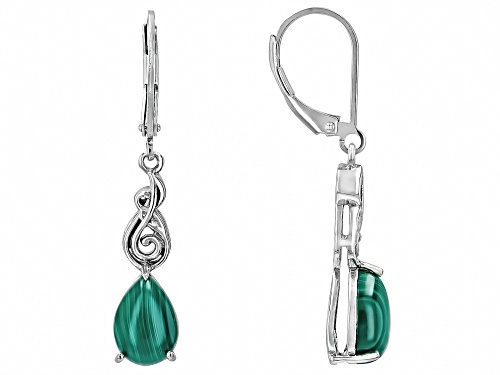 10x7mm Pear Shape Cabochon Malachite Rhodium Over Sterling Silver Solitaire Earrings