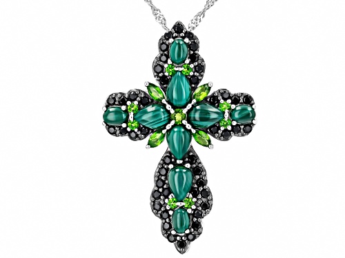 Malachite, .55ctw Chrome Diopside,.55ctw Black Spinel Rhodium Over Silver Cross Pendant Chain