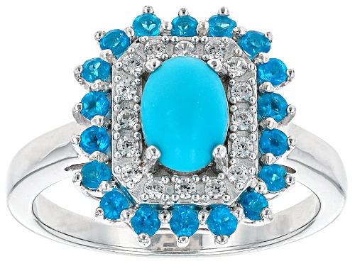 7x5mm Sleeping Beauty Turquoise, 0.66ctw Neon Apatite & White Zircon Rhodium Over Silver Ring - Size 7