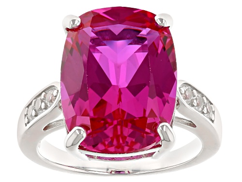11.56ct Cushion Lab Pink Sapphire With 0.26ctw Lab White Sapphire Rhodium Over Silver Ring - Size 6