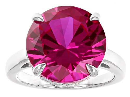 11.39ct Round Lab Created Pink Sapphire Rhodium Over Sterling Silver Solitaire Ring - Size 7
