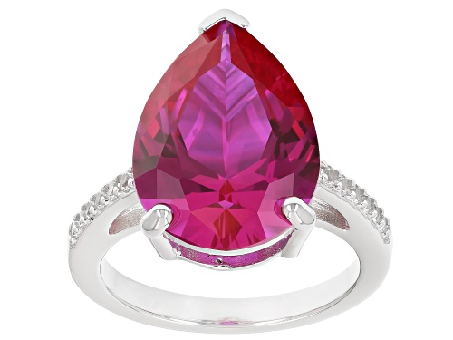 9.85ct Pear Shape Lab Pink Sapphire With .20ctw Lab White Sapphire Rhodium Over Silver Ring - Size 8