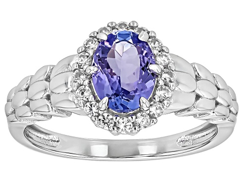 1.10ct Oval Tanzanite With 0.27ctw Round White Zircon Rhodium Over Sterling Silver Ring - Size 10