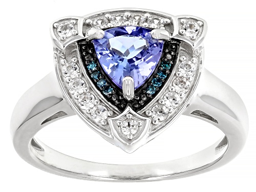 .65ct Trillion Tanzanite, .03ct Blue Diamond Accent With .28ctw Zircon Rhodium Over Silver Ring - Size 9