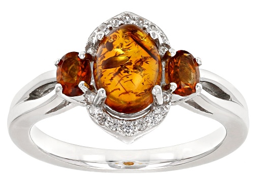 8x6mm Oval Amber, .26ctw Madeira Citrine With .15ctw White Zircon Rhodium Over Silver Ring - Size 8