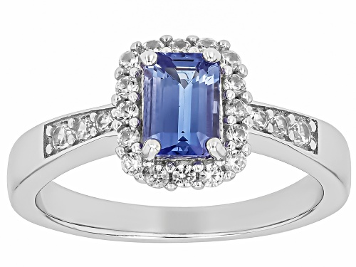 .85ct Rectangular Octagonal Tanzanite With .47ctw White Zircon Rhodium Over Silver Ring - Size 9