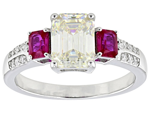 2.12ct Emerald Cut Strontium Titanate, .28ct Lab Ruby, .14ctw Moissanite Rhodium Over Silver Ring - Size 9