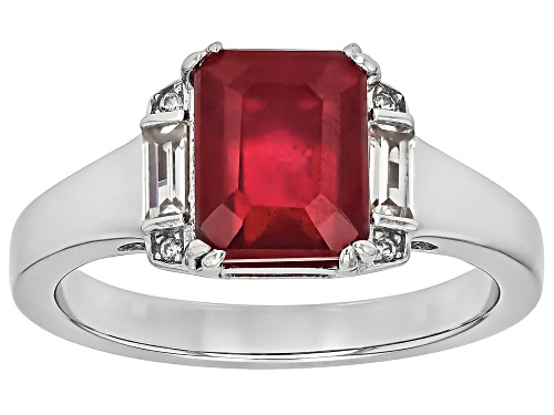 3.00ct Rectangular Octagonal Mahaleo® Ruby With .24ctw Zircon Rhodium Over Sterling Silver Ring - Size 7