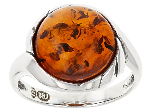 12mm Round Cabochon Amber Sterling Silver Solitaire Ring - Size 7